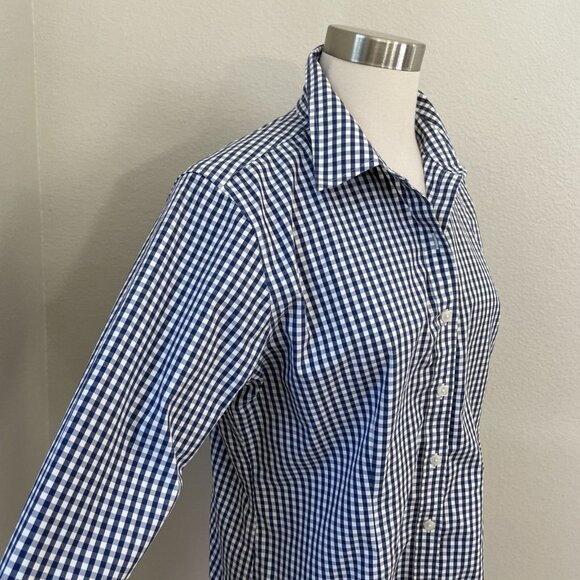 LL Bean Womens Medium Wrinkle Free Navy White Gingham Check Button Up Shirt Top - Picture 2 of 8